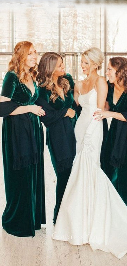 Simple Dark Green Velvet Half Sleeves Long V-neck Custom Bridesmaid Dresses , BN1202