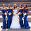 Simple Royal Blue Satin Off Shoulder Mermaid Long Custom Bridesmaid Dresses , BN1203