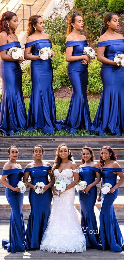 Simple Royal Blue Satin Off Shoulder Mermaid Long Custom Bridesmaid Dresses , BN1203