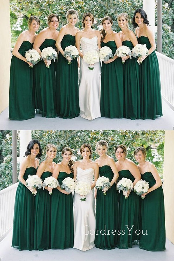 A-line Dark Green Chiffon Strapless Long Custom Bridesmaid Dresses , BN1208