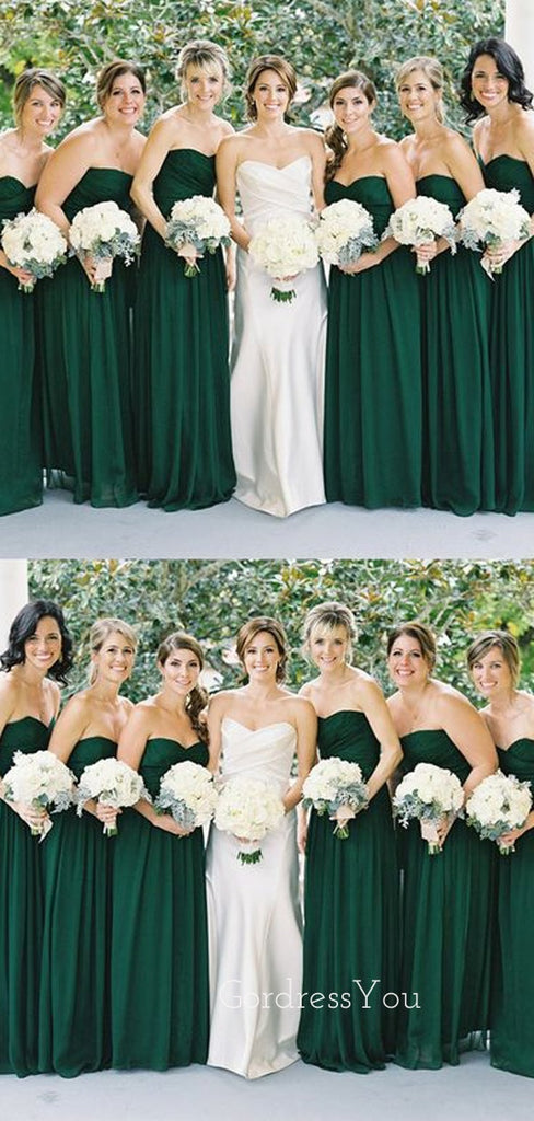 A-line Dark Green Chiffon Strapless Long Custom Bridesmaid Dresses , BN1208