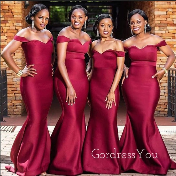 Off Shoulder Simple Dark Red Satin Mermaid Long Custom Bridesmaid Dresses , BN1215