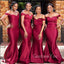 Off Shoulder Simple Dark Red Satin Mermaid Long Custom Bridesmaid Dresses , BN1215