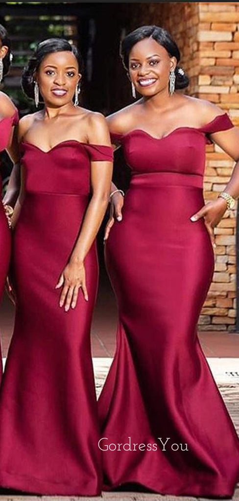 Off Shoulder Simple Dark Red Satin Mermaid Long Custom Bridesmaid Dresses , BN1215