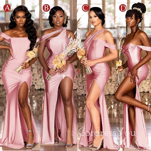 Mismatched Pink Satin Mermaid Long Side Slit Custom Bridesmaid Dresses , BN1217