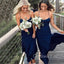 Simple Spaghetti Straps Navy Blue Chiffon Long Custom Bridesmaid Dresses , BN1218