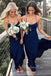 Simple Spaghetti Straps Navy Blue Chiffon Long Custom Bridesmaid Dresses , BN1218