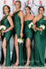 Mermaid Mismatched Dark Green Satin Long Side Slit Custom Bridesmaid Dresses , BN1223