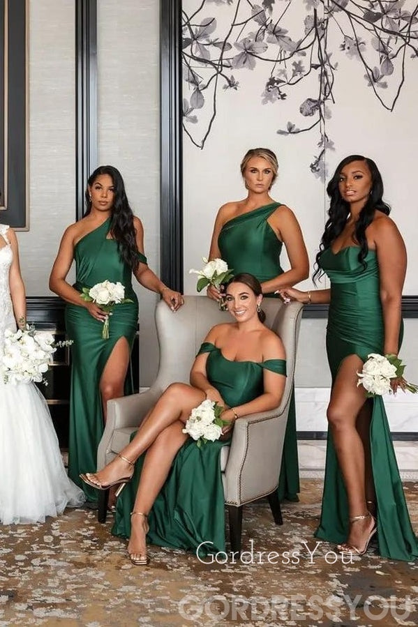 Mermaid Mismatched Dark Green Satin Long Side Slit Custom Bridesmaid Dresses , BN1223