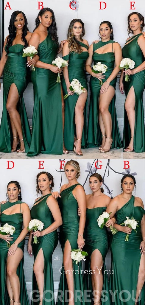 Mermaid Mismatched Dark Green Satin Long Side Slit Custom Bridesmaid Dresses , BN1223