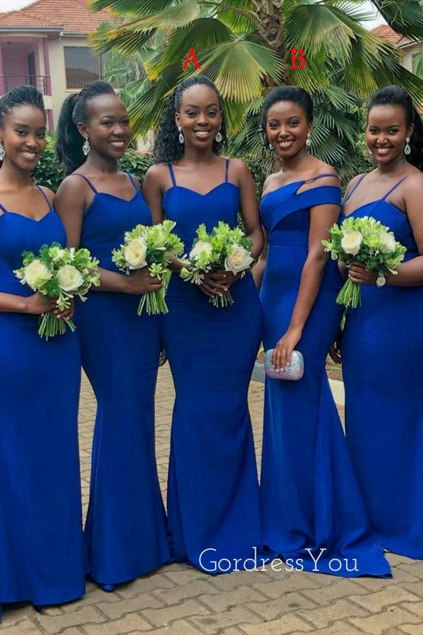 Mismatched Royal Blue Spaghetti Straps Long Mermaid Custom Bridesmaid Dresses , BN1225