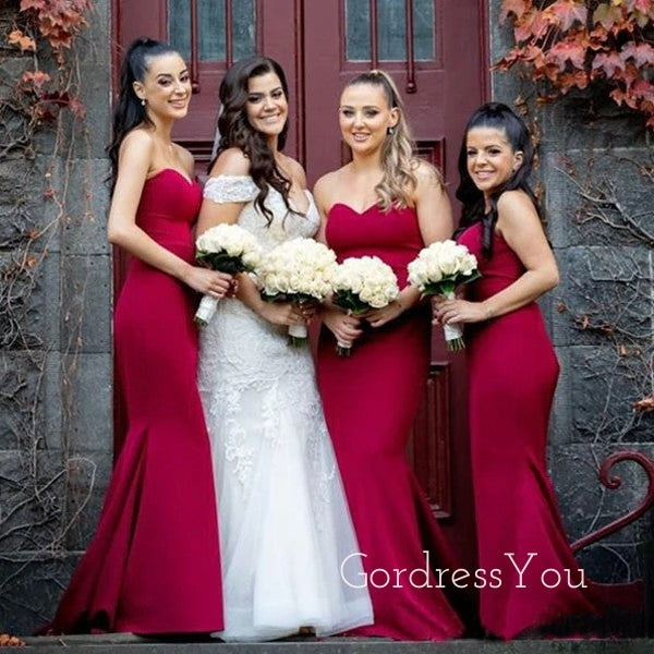 Simple Sweet Heart Dark Red Strapless Long Mermaid Custom Bridesmaid Dresses , BN1230