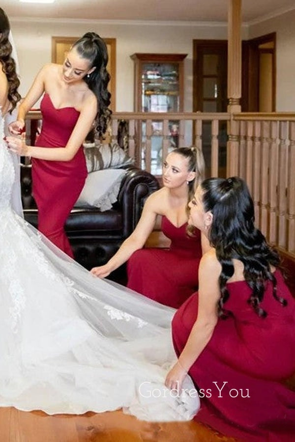 Simple Sweet Heart Dark Red Strapless Long Mermaid Custom Bridesmaid Dresses , BN1230