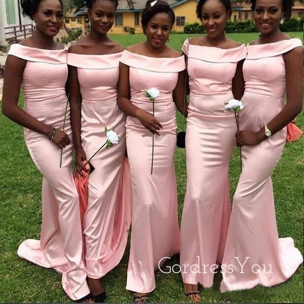 Pink Satin Off Shoulder Long Mermaid Custom Bridesmaid Dresses , BN1231