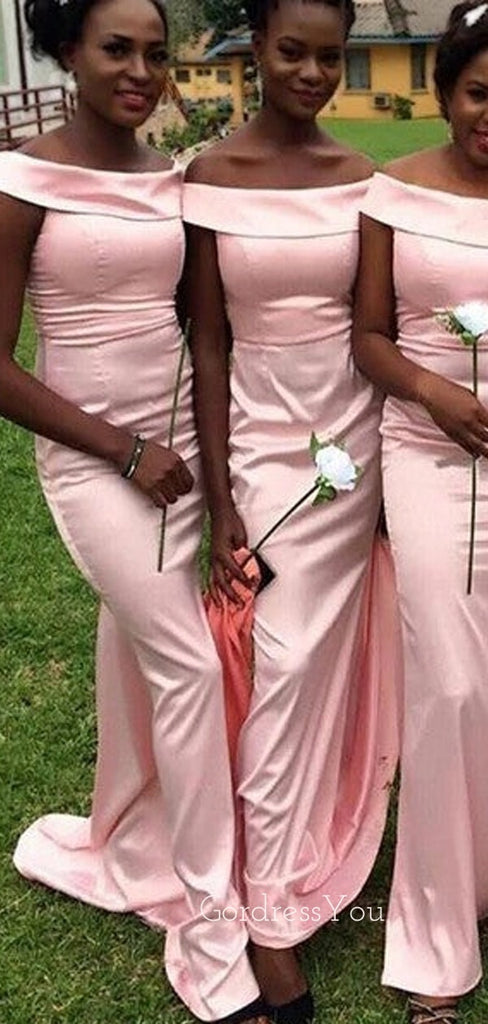 Pink Satin Off Shoulder Long Mermaid Custom Bridesmaid Dresses , BN1231