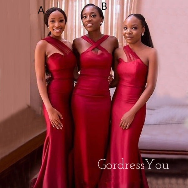 Mismatched Red Satin Sweet Heart Long Mermaid Custom Bridesmaid Dresses , BN1234