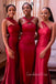 Mismatched Red Satin Sweet Heart Long Mermaid Custom Bridesmaid Dresses , BN1234