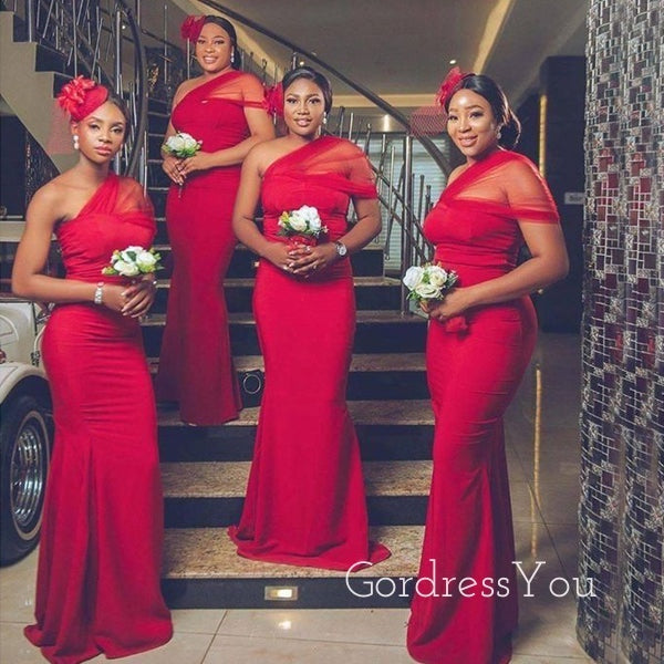 One Shoulder Red Long Mermaid Custom Bridesmaid Dresses , BN1235