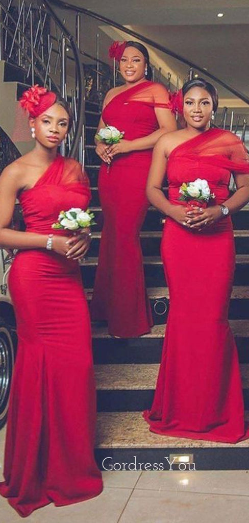 One Shoulder Red Long Mermaid Custom Bridesmaid Dresses , BN1235