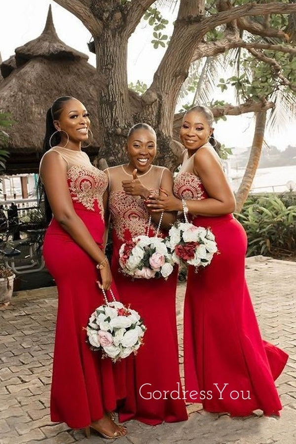 Mermaid Appliques Red Long Custom Bridesmaid Dresses , BN1238