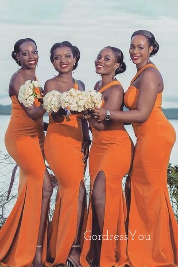 One Shoulder Orange Mermaid Long Side Slit Custom Bridesmaid Dresses , BN1241