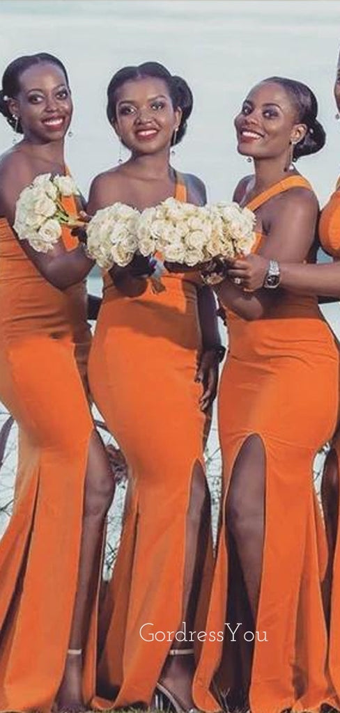 One Shoulder Orange Mermaid Long Side Slit Custom Bridesmaid Dresses , BN1241