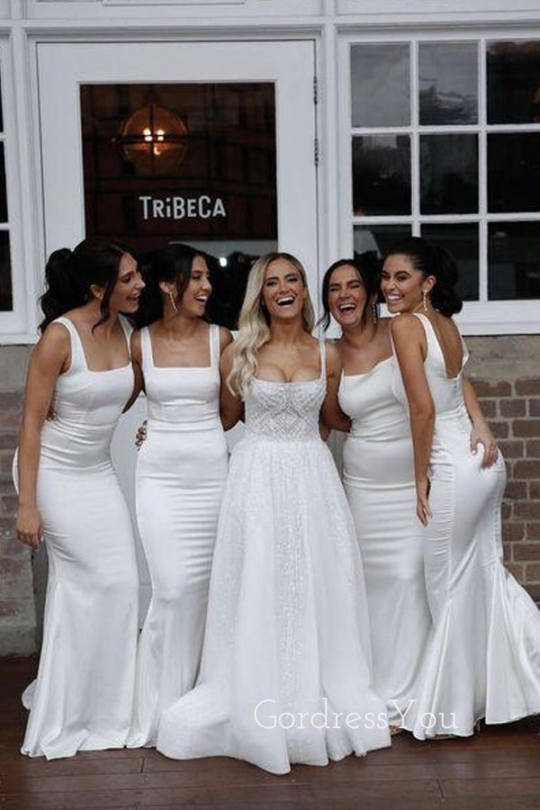 White Satin Mermaid Long Spaghetti Straps Custom Bridesmaid Dresses , BN1243