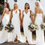 Simple White Spaghetti Straps V-neck Long Side Slit Custom Bridesmaid Dresses , BN1247