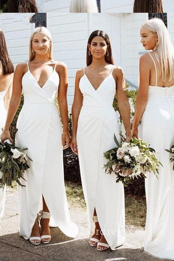 Simple White Spaghetti Straps V-neck Long Side Slit Custom Bridesmaid Dresses , BN1247