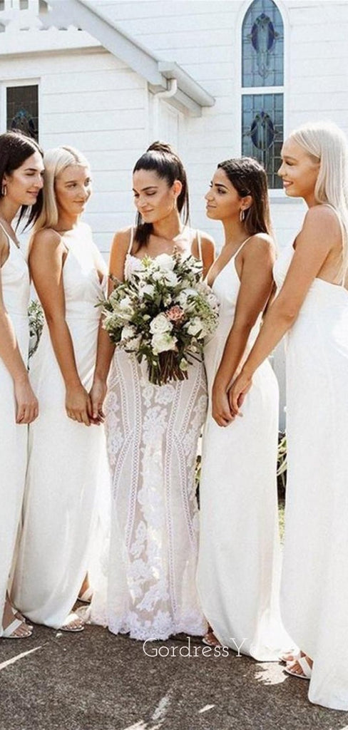 Simple White Spaghetti Straps V-neck Long Side Slit Custom Bridesmaid Dresses , BN1247