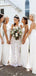 Simple White Spaghetti Straps V-neck Long Side Slit Custom Bridesmaid Dresses , BN1247