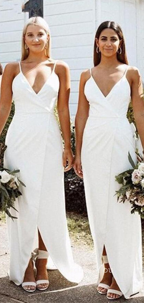 Simple White Spaghetti Straps V-neck Long Side Slit Custom Bridesmaid Dresses , BN1247