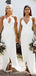 Simple White Spaghetti Straps V-neck Long Side Slit Custom Bridesmaid Dresses , BN1247