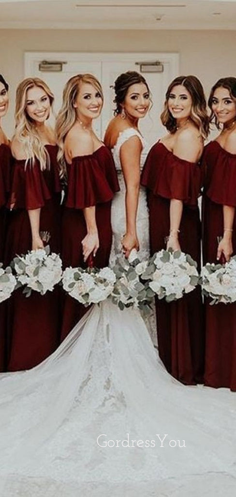 Simple Off Shoulder Burgundy Chiffon Long A-line Custom Bridesmaid Dresses , BN1250