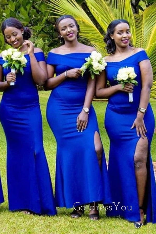 Simple Royal Blue Off Shoulder Long Side Slit Custom Bridesmaid Dresses , BN1252