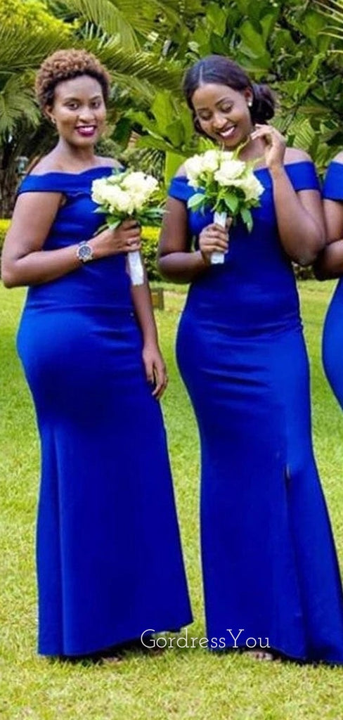 Simple Royal Blue Off Shoulder Long Side Slit Custom Bridesmaid Dresses , BN1252