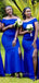 Simple Royal Blue Off Shoulder Long Side Slit Custom Bridesmaid Dresses , BN1252