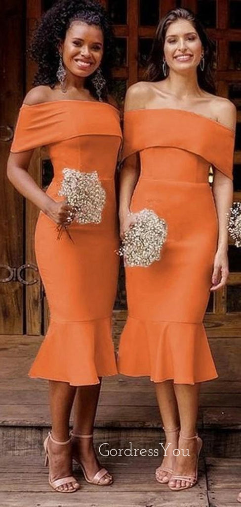 Orange Off Shoulder Mermaid Short Custom Bridesmaid Dresses , BN1254