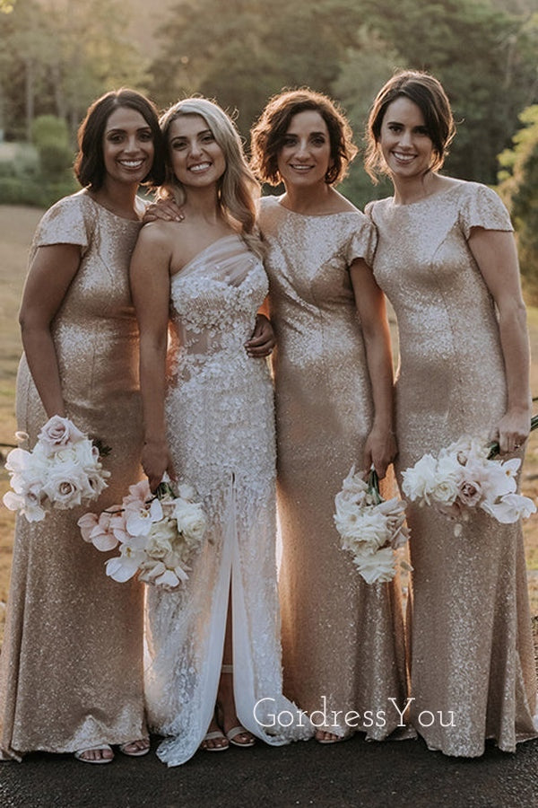 Simple Gold Sequins Mermaid Long Backless Custom Bridesmaid Dresses , BN1256