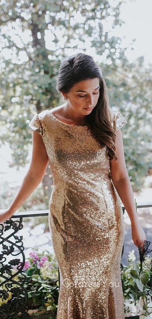 Simple Gold Sequins Mermaid Long Backless Custom Bridesmaid Dresses , BN1256