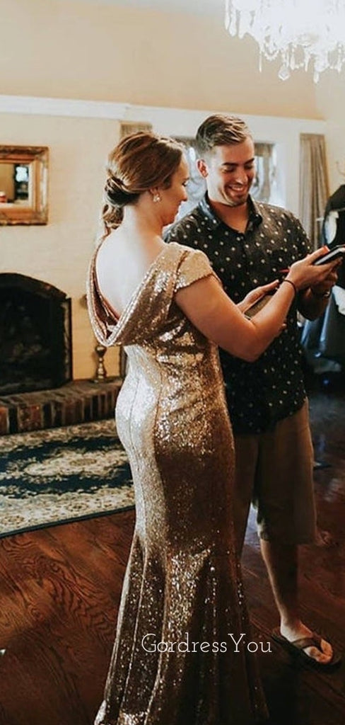 Simple Gold Sequins Mermaid Long Backless Custom Bridesmaid Dresses , BN1256