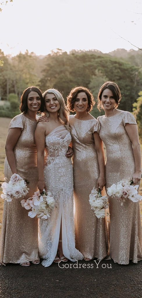 Simple Gold Sequins Mermaid Long Backless Custom Bridesmaid Dresses , BN1256