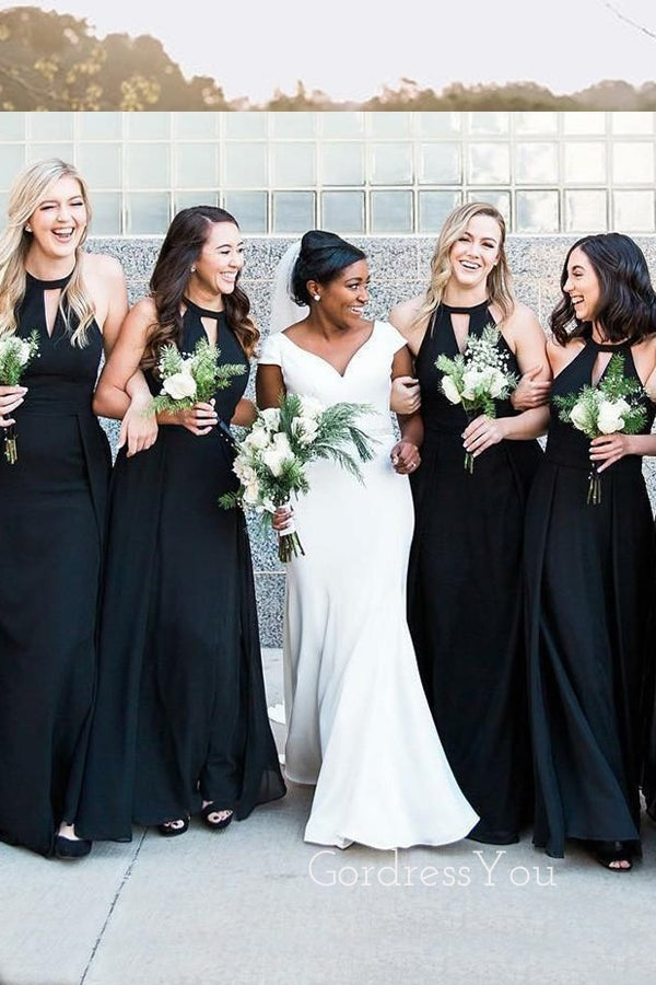 Black Chiffon Halter A-line Long V-neck Custom Bridesmaid Dresses , BN1257