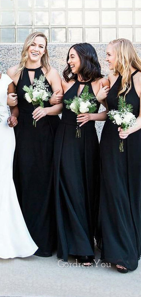 Black Chiffon Halter A-line Long V-neck Custom Bridesmaid Dresses , BN1257