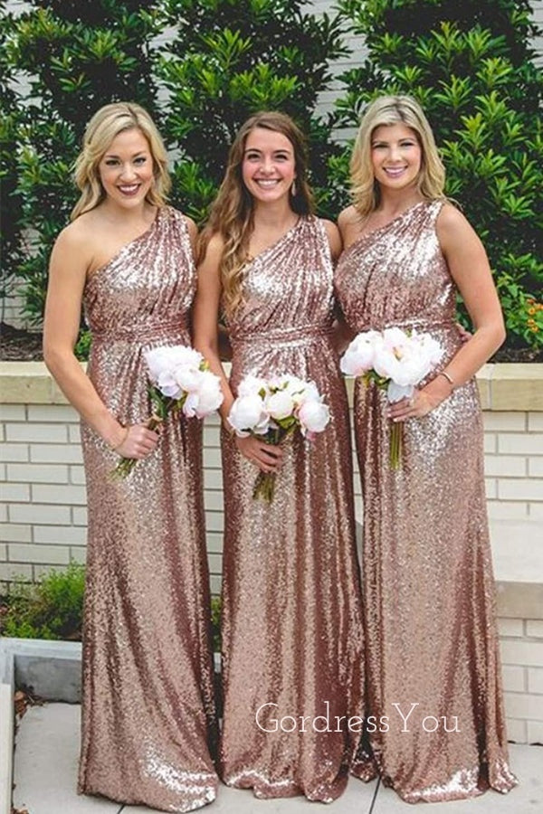 Simple One Shoulder Sequins A-line Long Custom Bridesmaid Dresses , BN1258