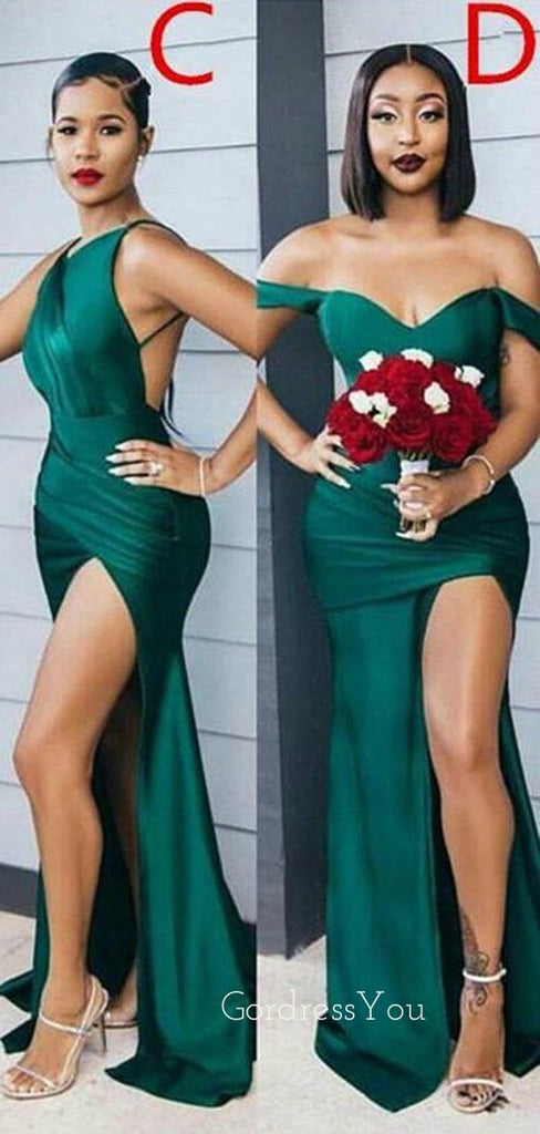 Mismatched Dark Green Satin Mermaid Long Side Slit Custom Bridesmaid Dresses , BN1259