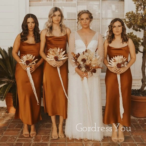 Spaghetti Straps Burnt Orange Satin Sheath Long Custom Bridesmaid Dresses , BN1261