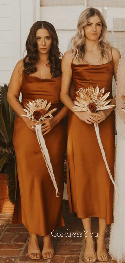 Spaghetti Straps Burnt Orange Satin Sheath Long Custom Bridesmaid Dresses , BN1261