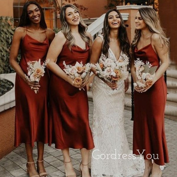 Simple Spaghetti Straps Rust Satin Long Custom Bridesmaid Dresses , BN1262