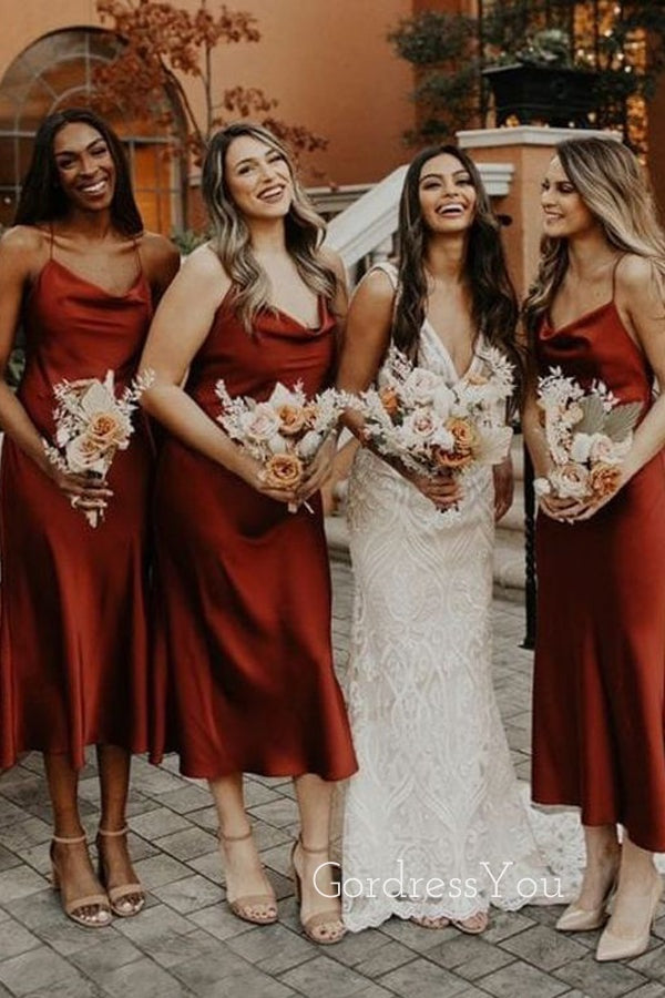 Simple Spaghetti Straps Rust Satin Long Custom Bridesmaid Dresses , BN1262